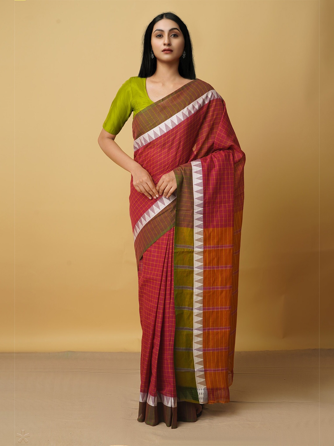 

Unnati Silks Maroon & Brown Checked Zari Pure Cotton Mangalagiri Saree