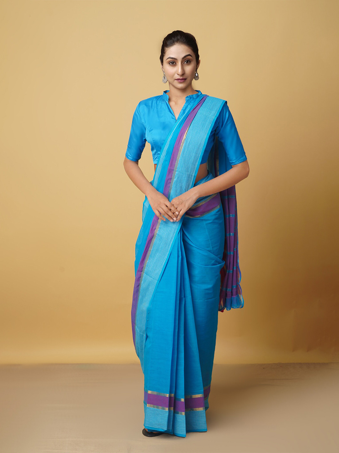 

Unnati Silks Blue & Pink Woven Design Zari Pure Cotton Mangalagiri Saree