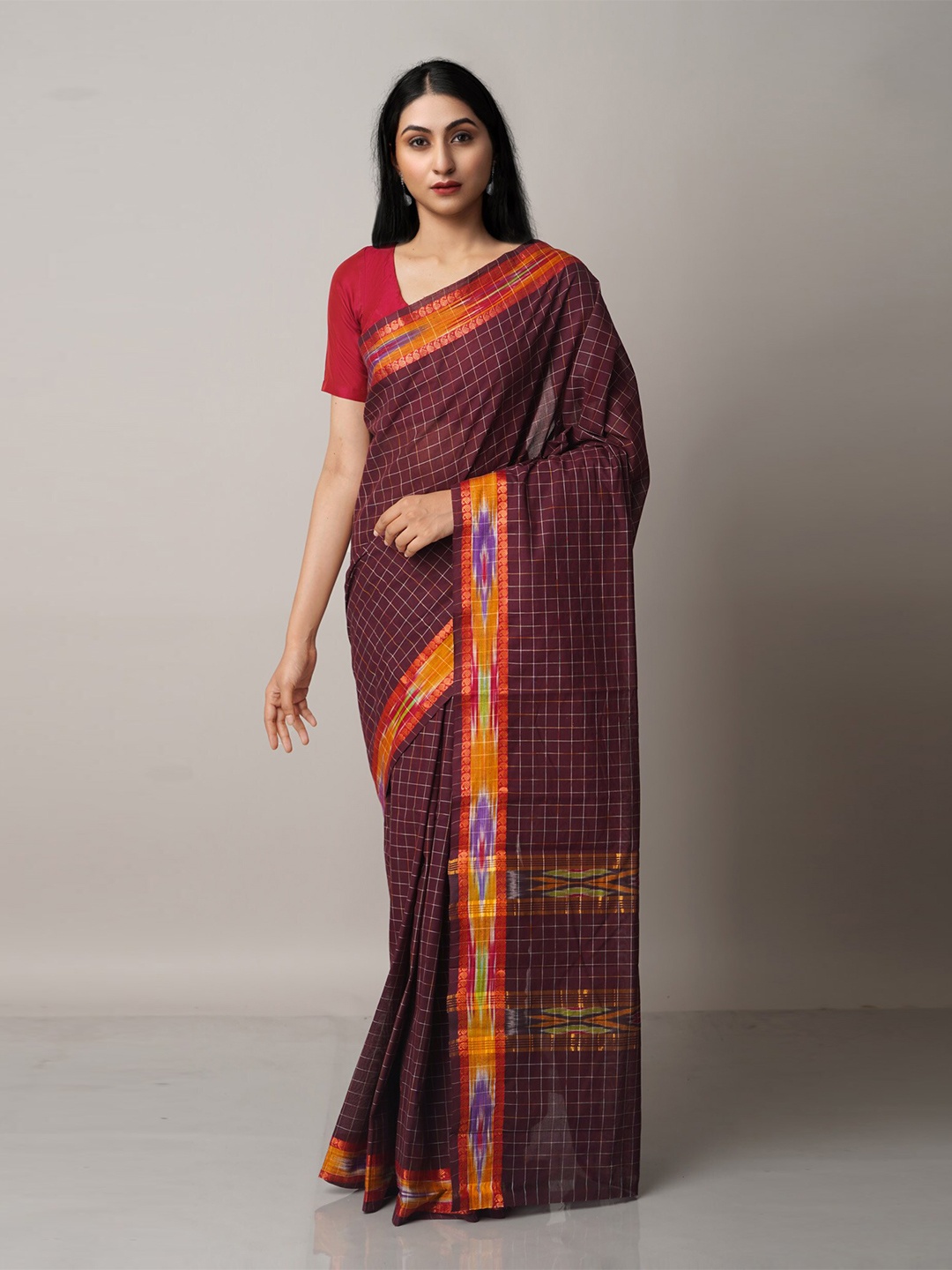 

Unnati Silks Brown & Red Checked Zari Pure Cotton Mangalagiri Saree