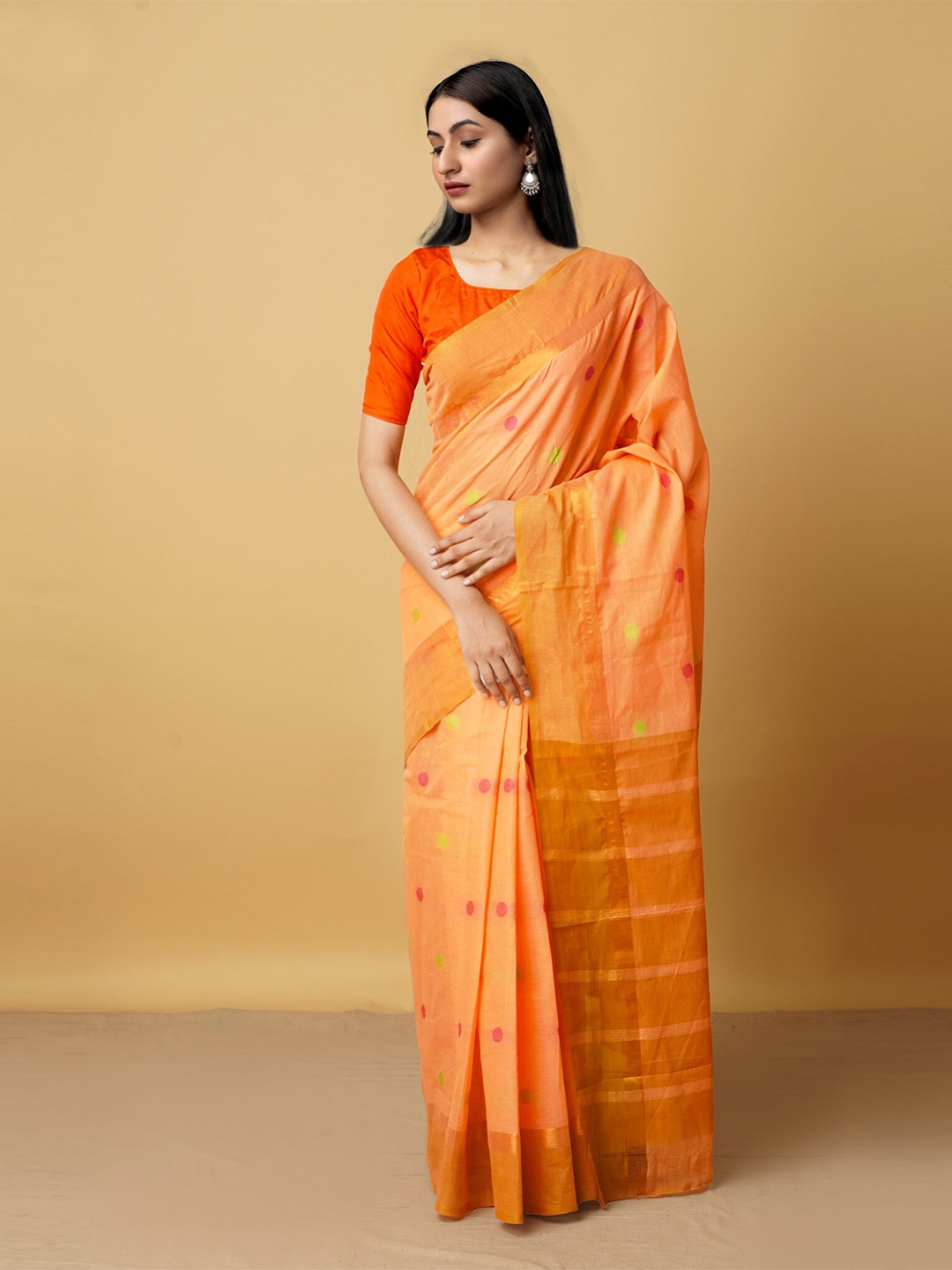 

Unnati Silks Orange & Gold-Toned Woven Design Zari Pure Cotton Mangalagiri Saree