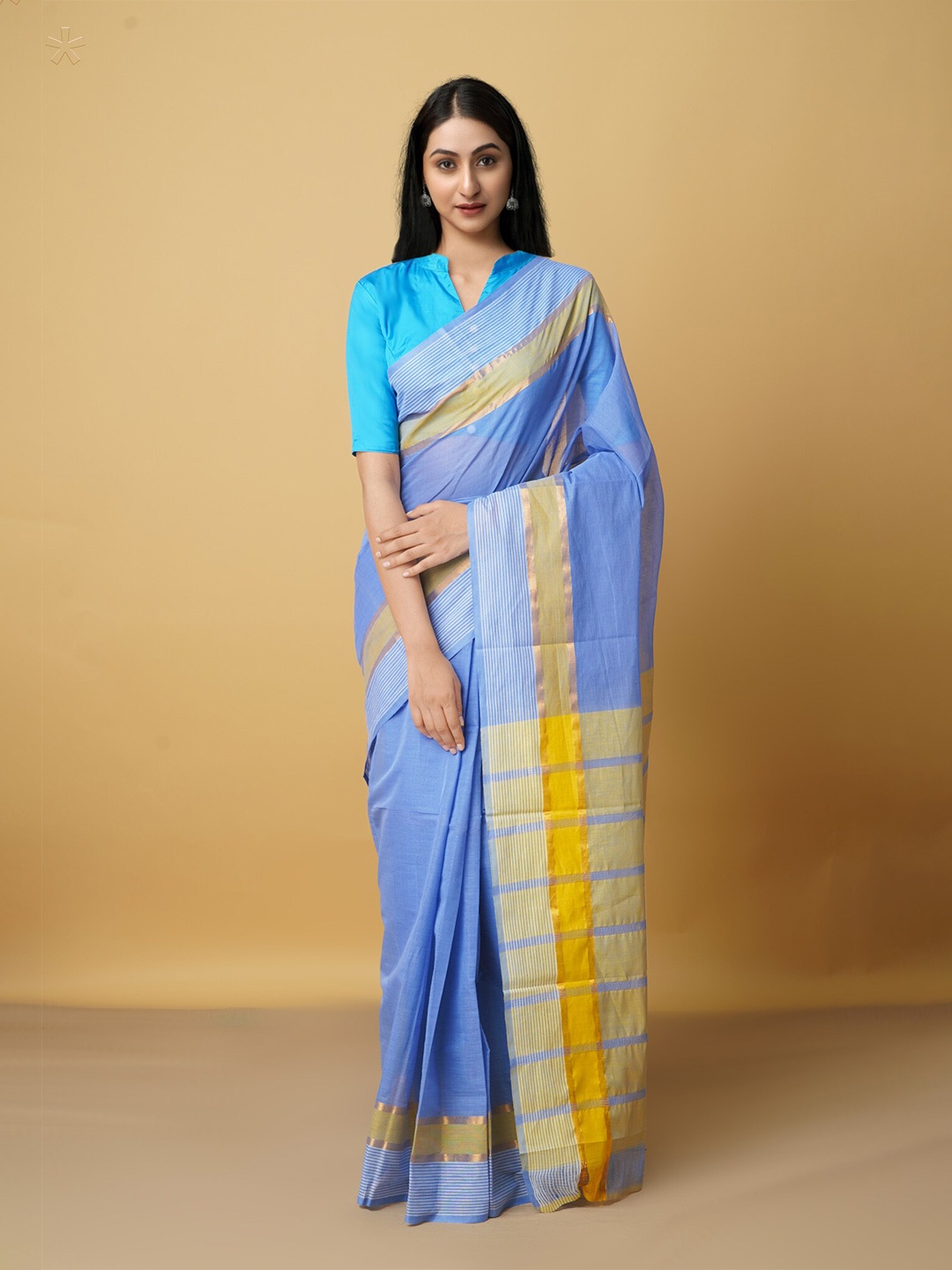 

Unnati Silks Blue & Gold-Toned Zari Pure Cotton Mangalagiri Handloom Saree
