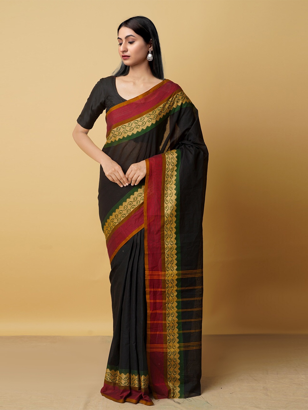 

Unnati Silks Black & Red Pure Cotton Kanjeevaram Handloom Saree