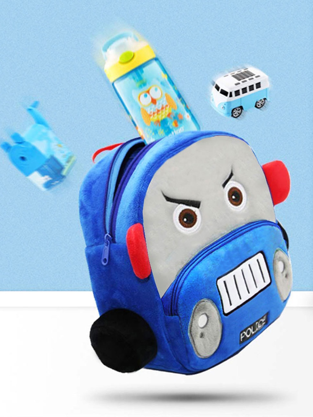 

Frantic Unisex Kids Velvet Police Car Backpack, Blue