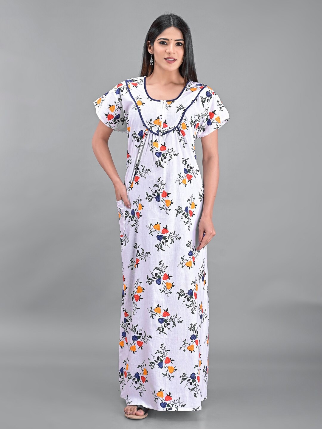 

Apratim White Printed Maxi Pure Cotton Nightdress