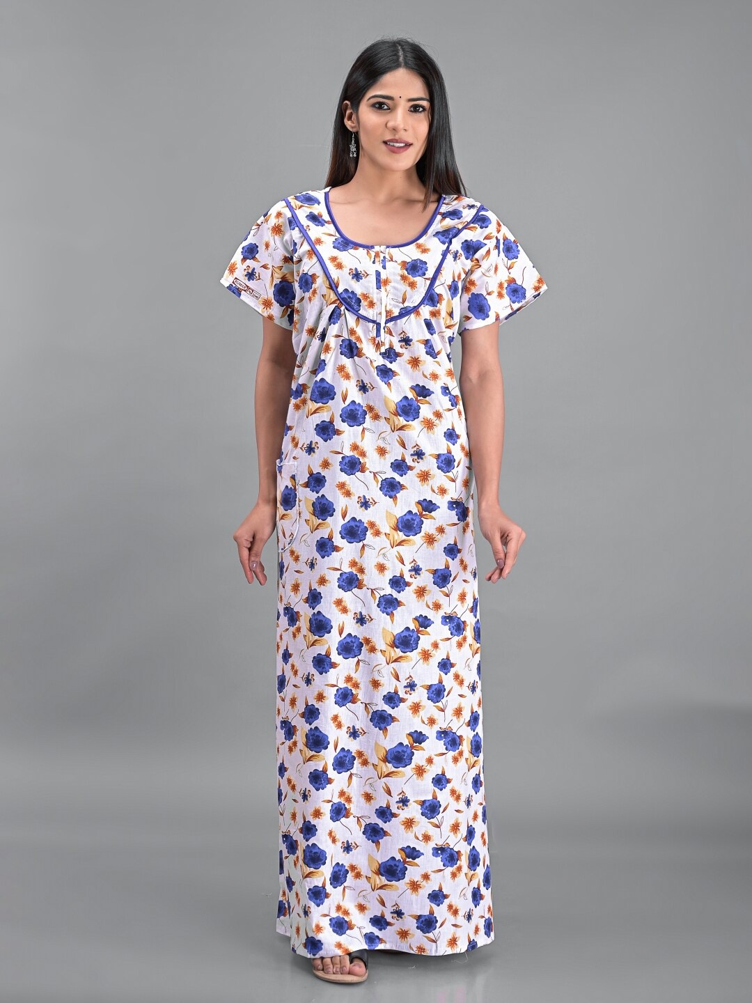 

Apratim White Printed Maxi Pure Cotton Nightdress