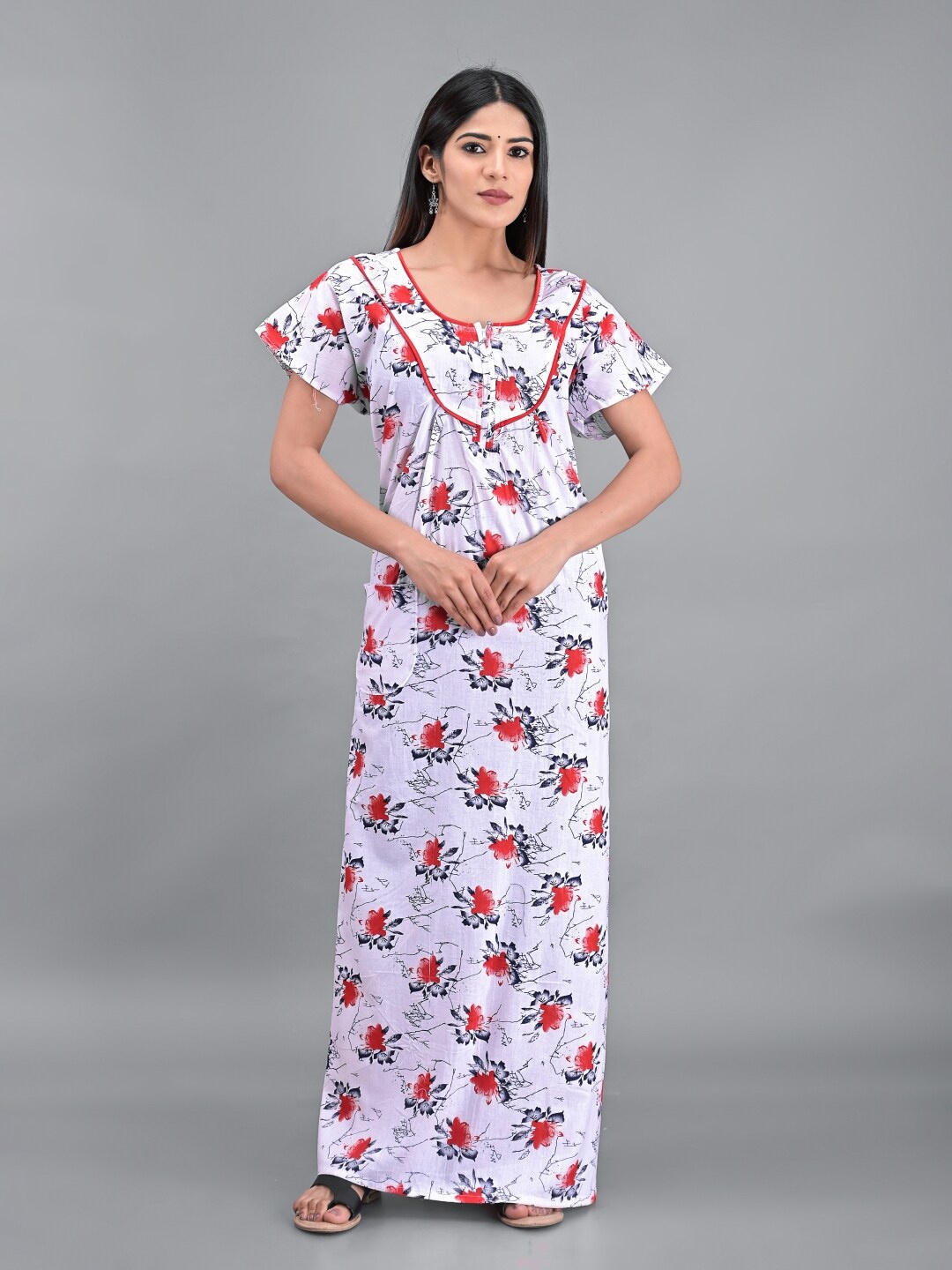 

Apratim White Printed Maxi Pure Cotton Nightdress