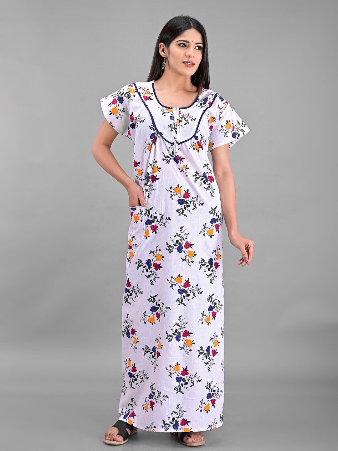 

Apratim White Printed Maxi Pure Cotton Nightdress