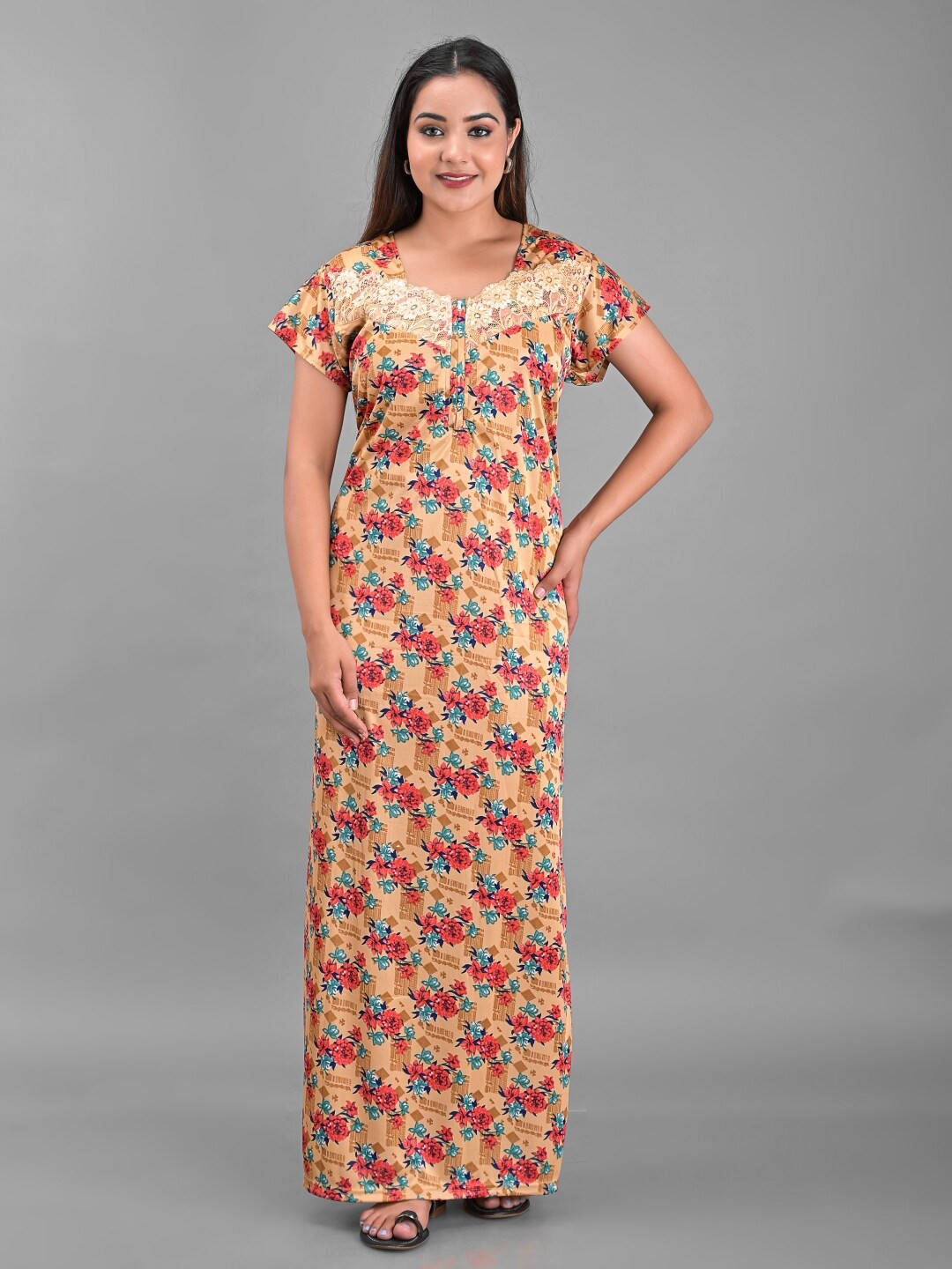 

Apratim Beige Women Printed Maxi Nightdress