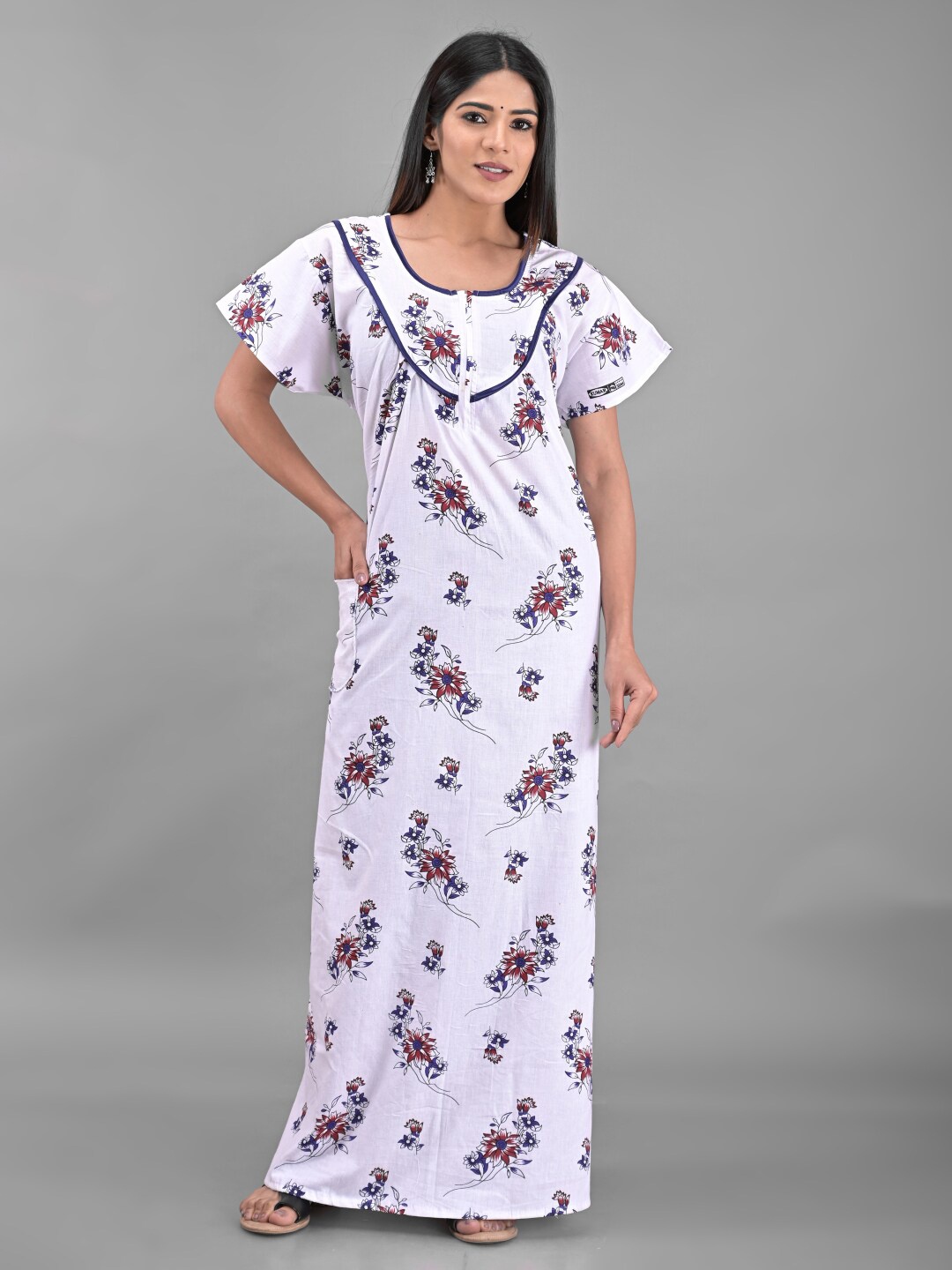 

Apratim White Printed Maxi Pure Cotton Nightdress