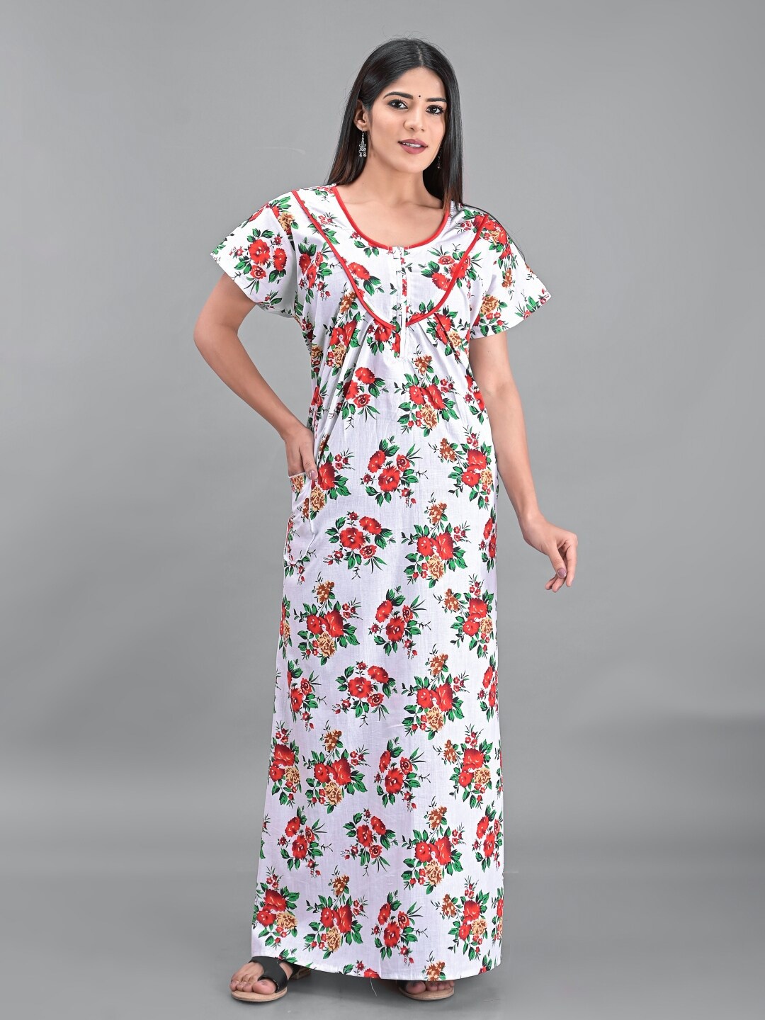 

Apratim White Printed Maxi Pure Cotton Nightdress