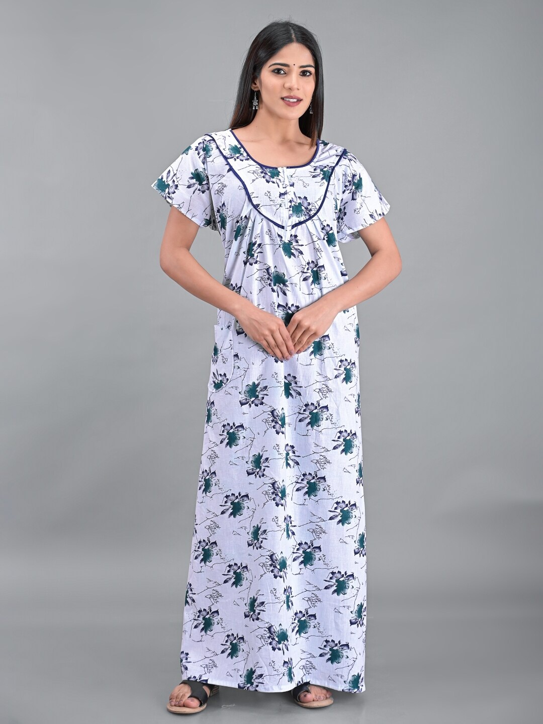 

Apratim White Printed Maxi Pure Cotton Nightdress