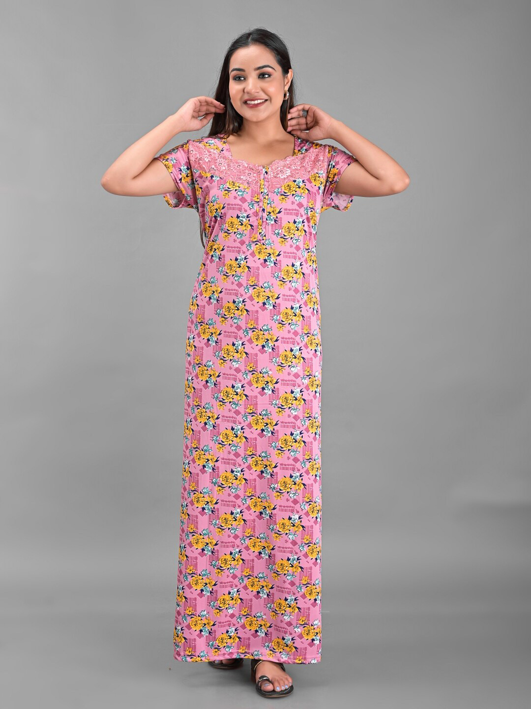 

Apratim Women Pink Printed Maxi Nightdress
