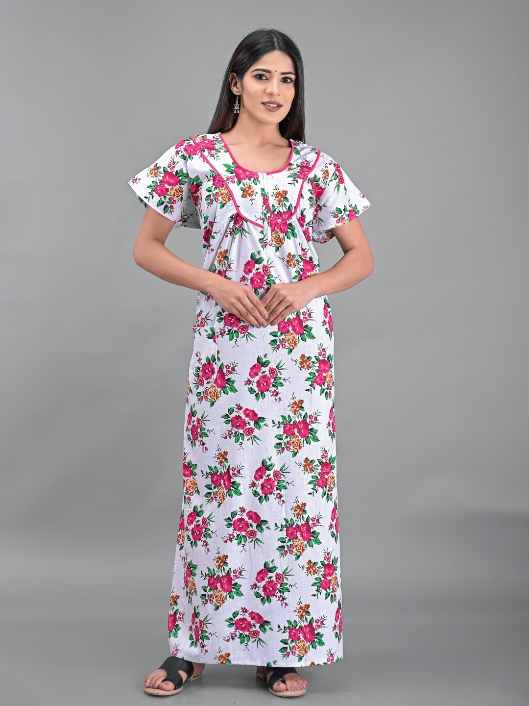 

Apratim White Printed Maxi Pure Cotton Nightdress