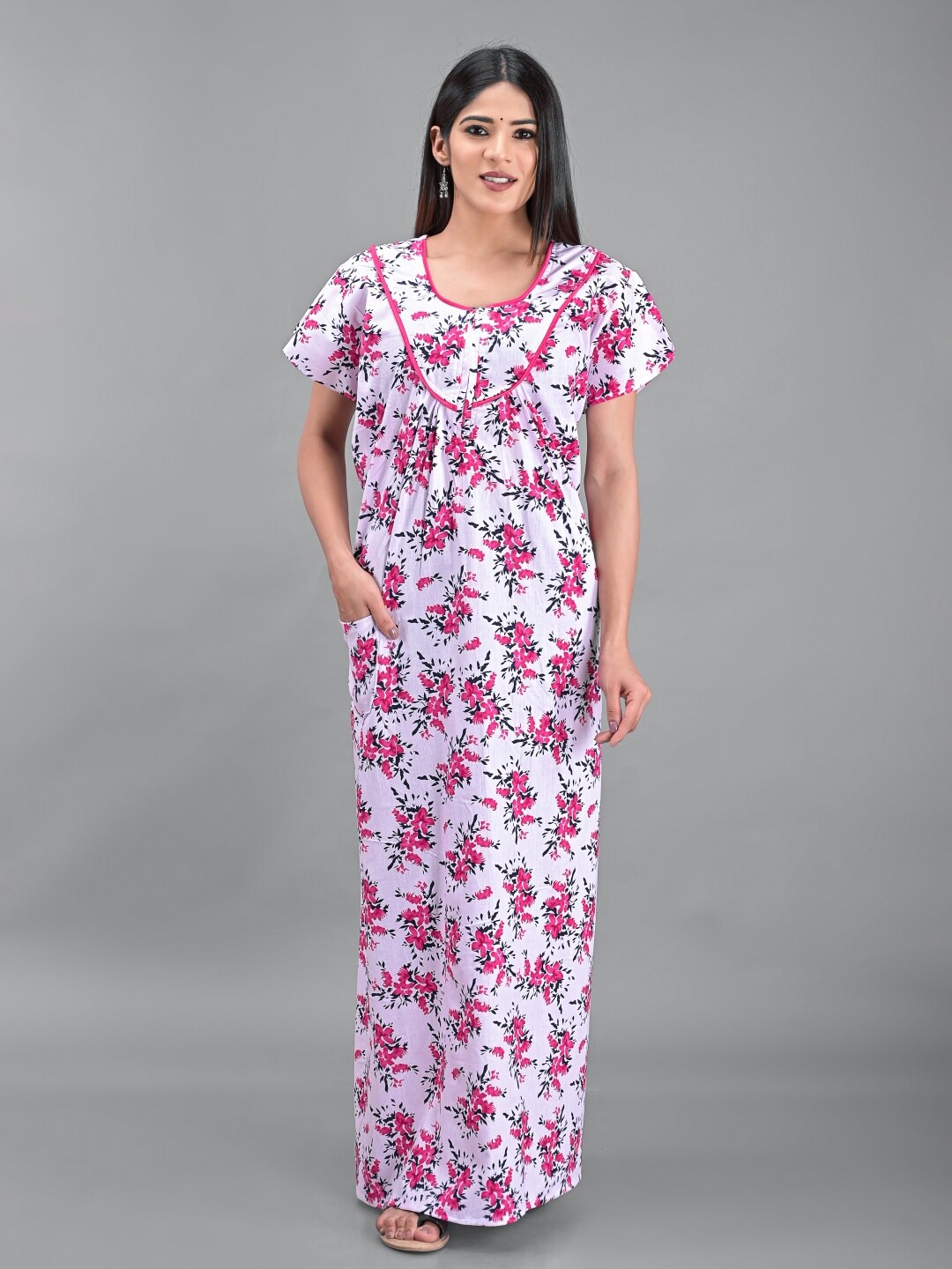 

Apratim White Printed Maxi Pure Cotton Nightdress