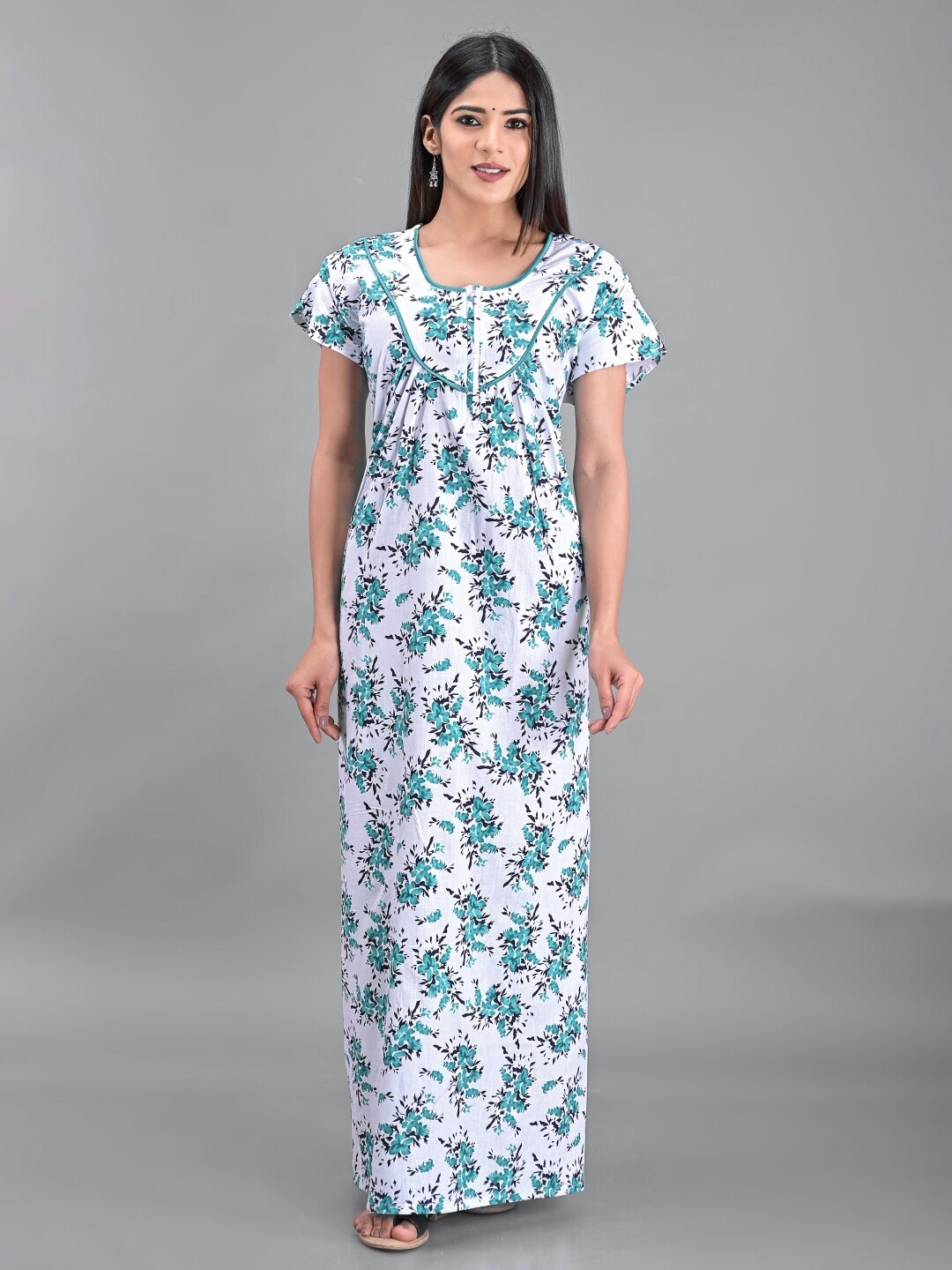 

Apratim White Printed Maxi Pure Cotton Nightdress