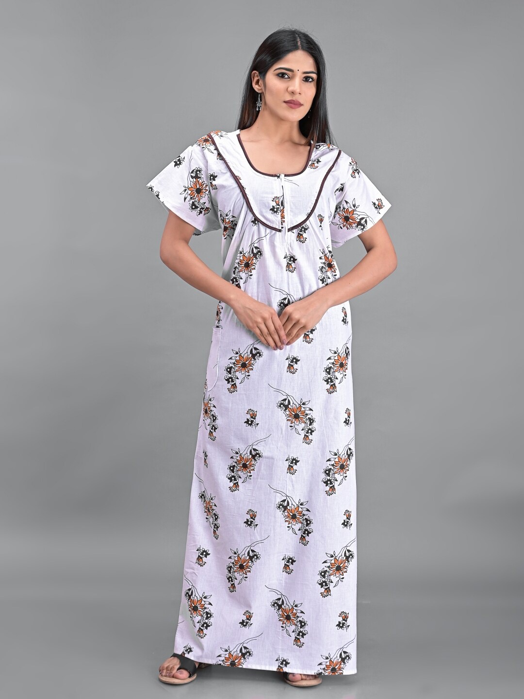 

Apratim White Printed Maxi Pure Cotton Nightdress