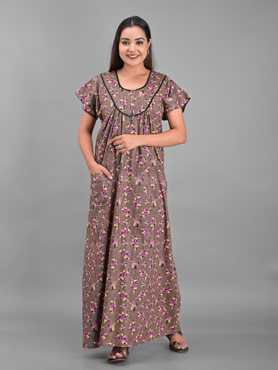 

Apratim Brown Printed Maxi Pure Cotton Nightdress