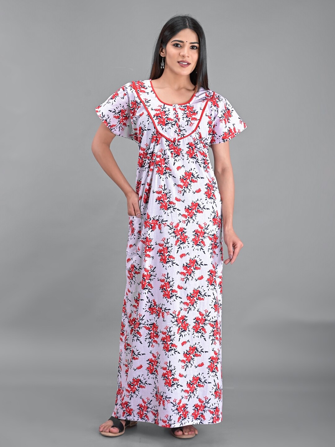 

Apratim White Printed Maxi Pure Cotton Nightdress