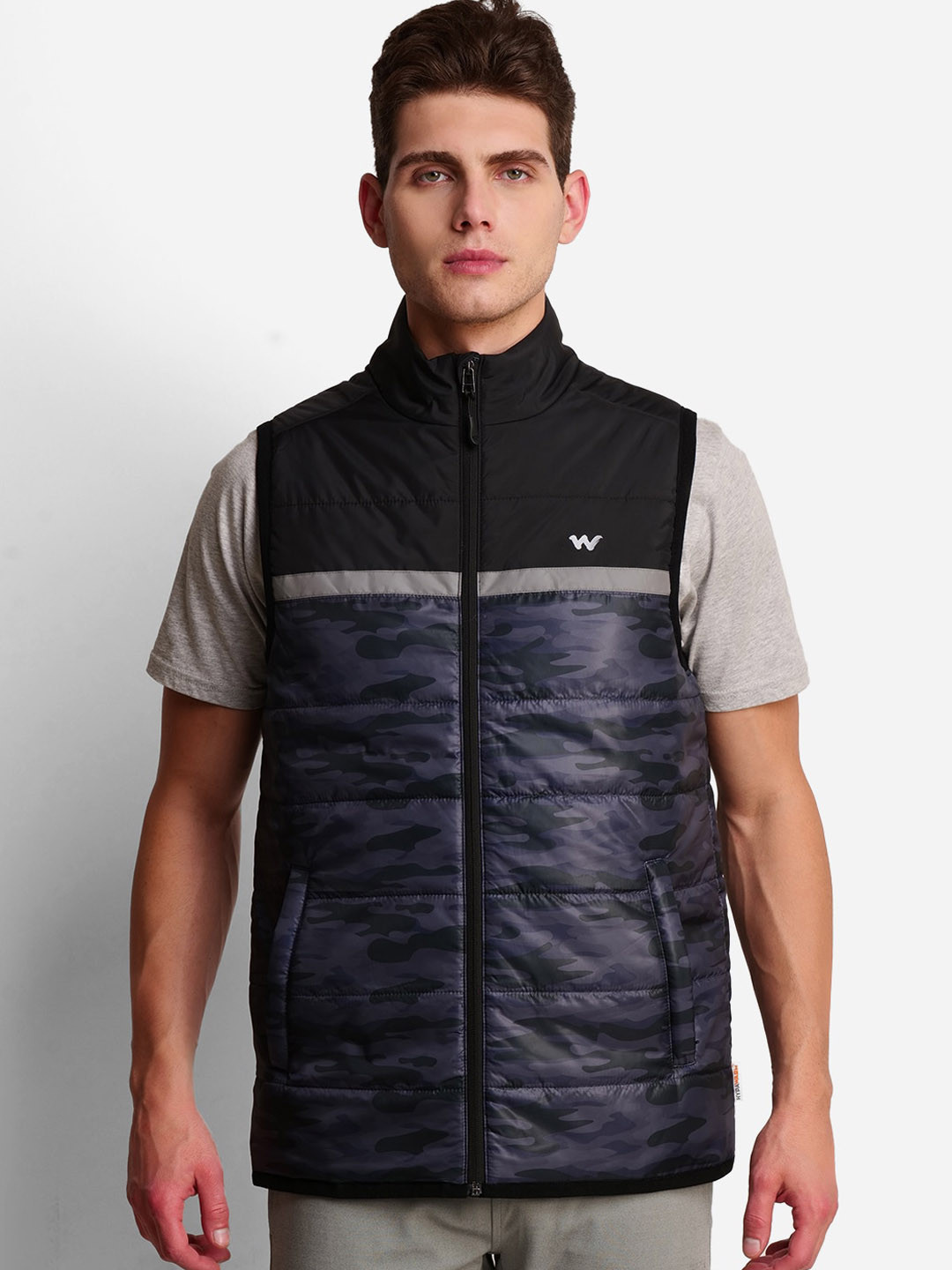 

Wildcraft Men Black And Navy Blue Camouflage Windcheater Sleeveless Longline Padded Jacket