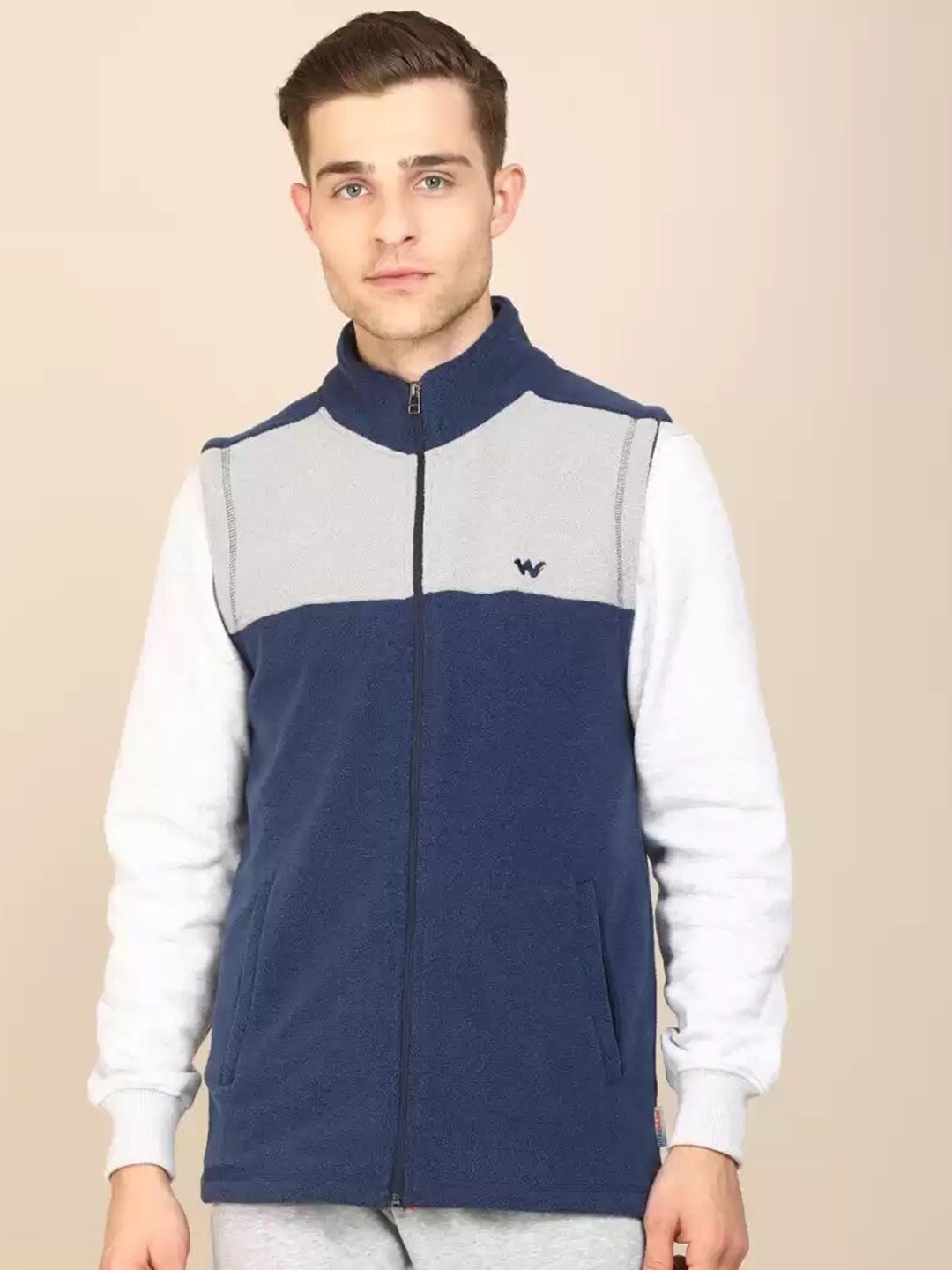 

Wildcraft Men Navy Blue Grey Colourblocked Fleece Lightweight Open Front Jacket