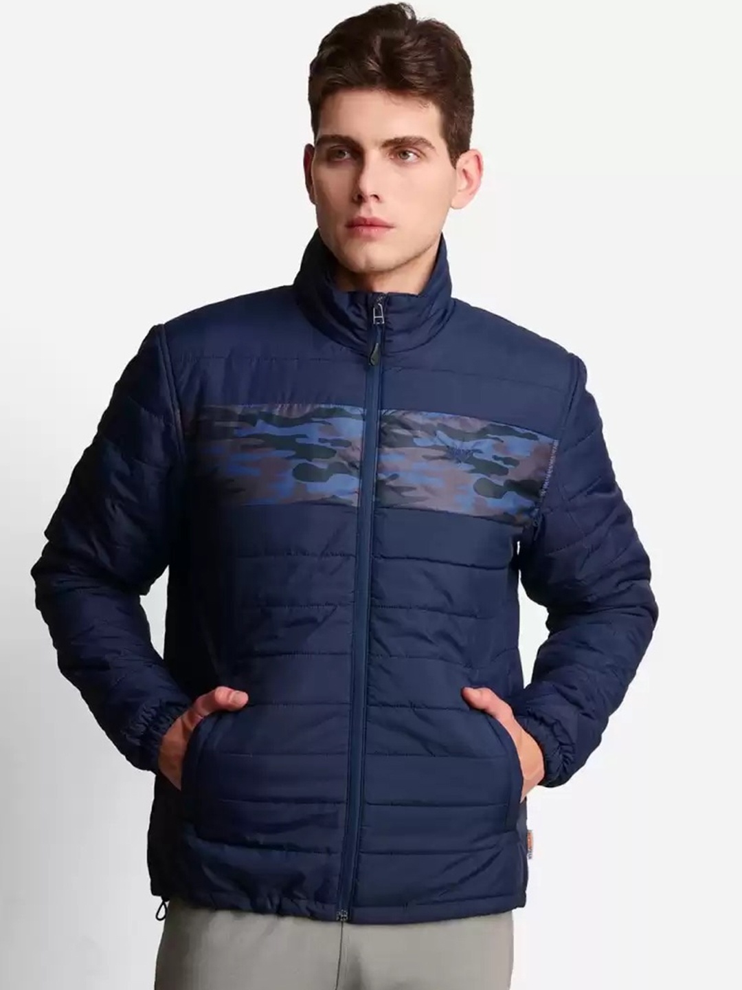 

Wildcraft Men Navy Blue Camouflage Windcheater Puffer Jacket