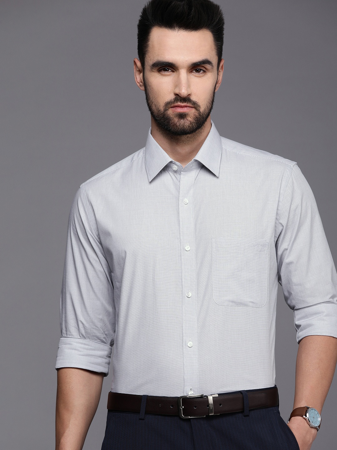

Raymond Men Grey Checked Pure Cotton Slim Fit Formal Shirt