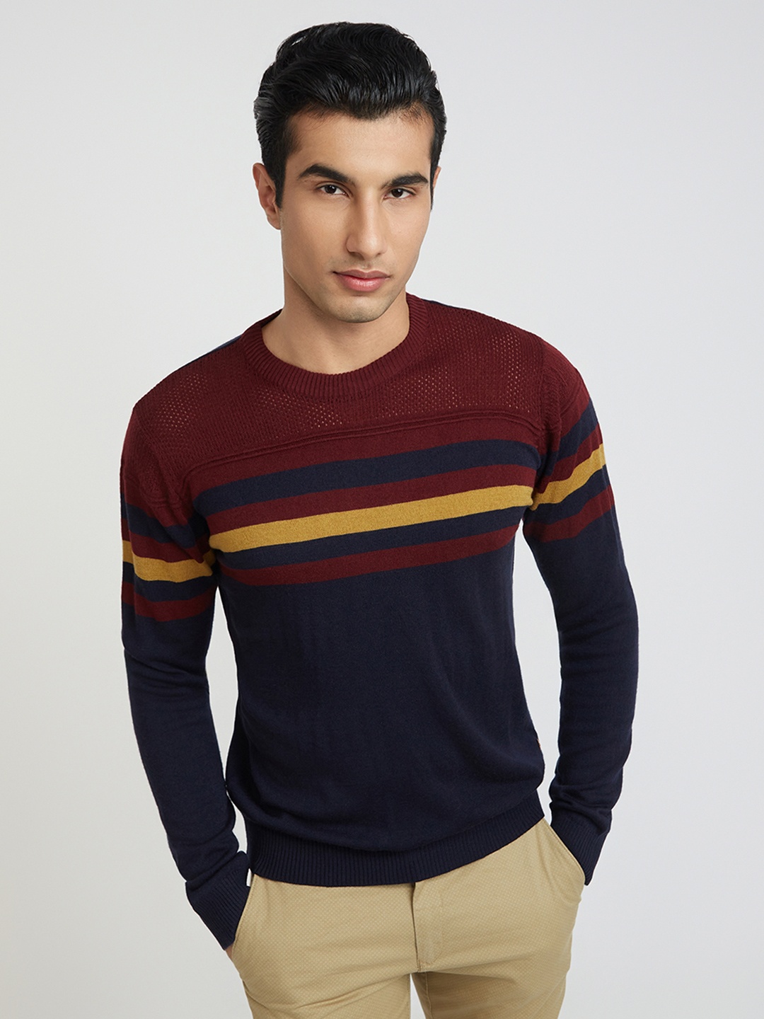 

Raymond Men Navy Blue & Burgundy Striped Pullover