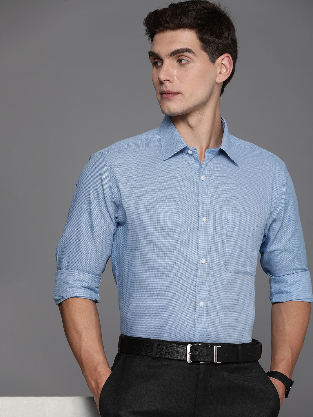 

Raymond Pure Cotton Self Design Slim Fit Textured Formal Shirt, Blue