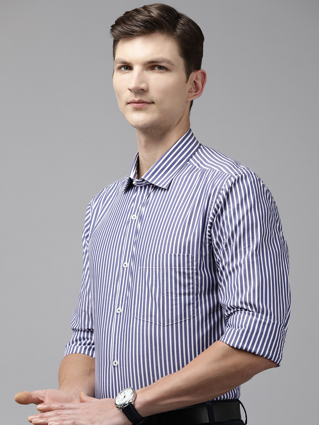 

Park Avenue Pure Cotton Slim Fit Striped Formal Shirt, Blue