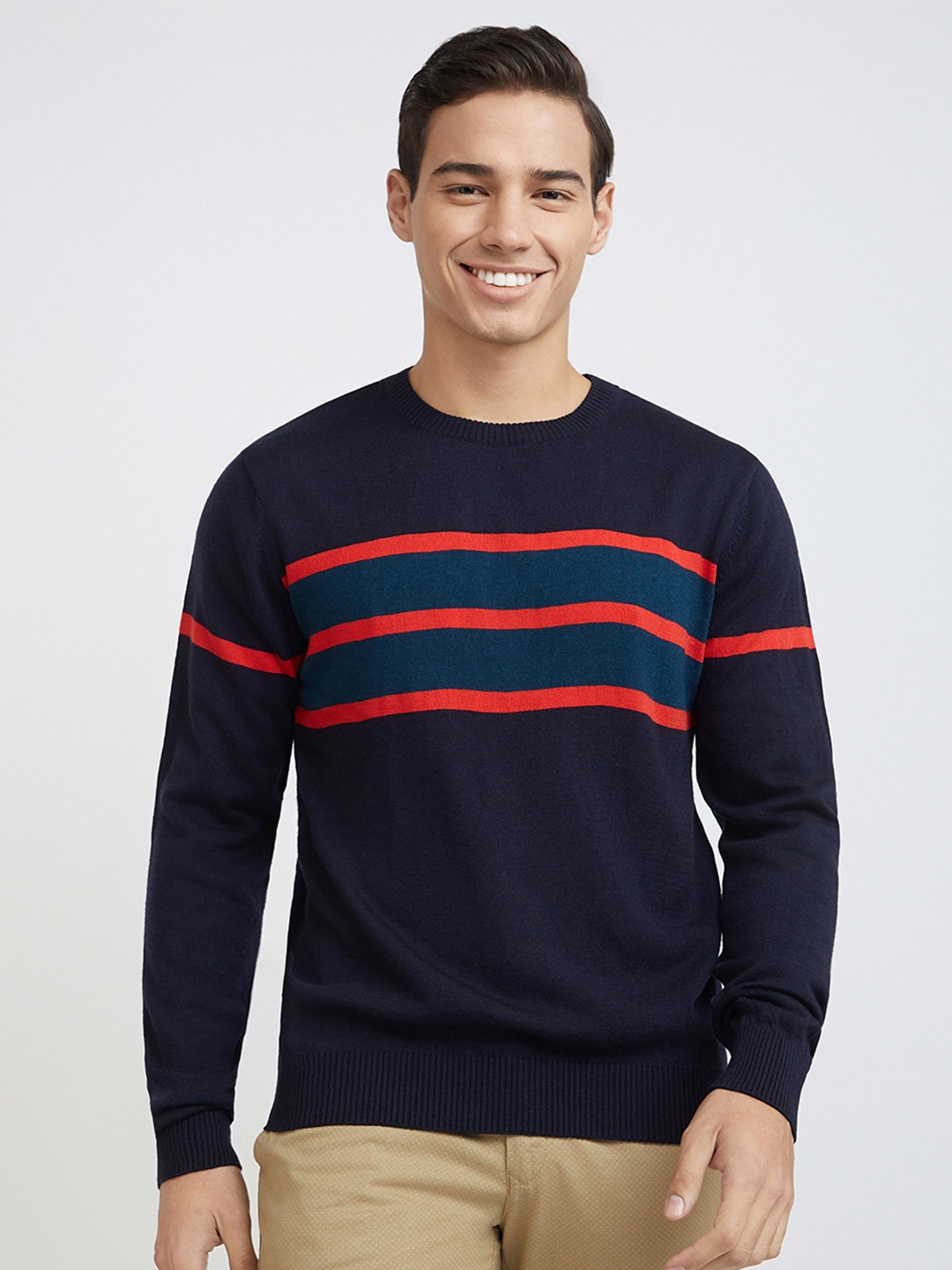 

Raymond Men Navy Blue & Red Striped Pullover