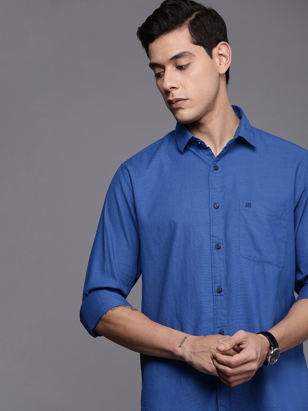 

Raymond Men Blue Self Design Slim Fit Pure Cotton Casual Shirt