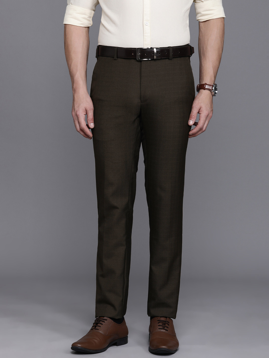 

Raymond Men Checked Slim Fit Formal Trousers, Brown