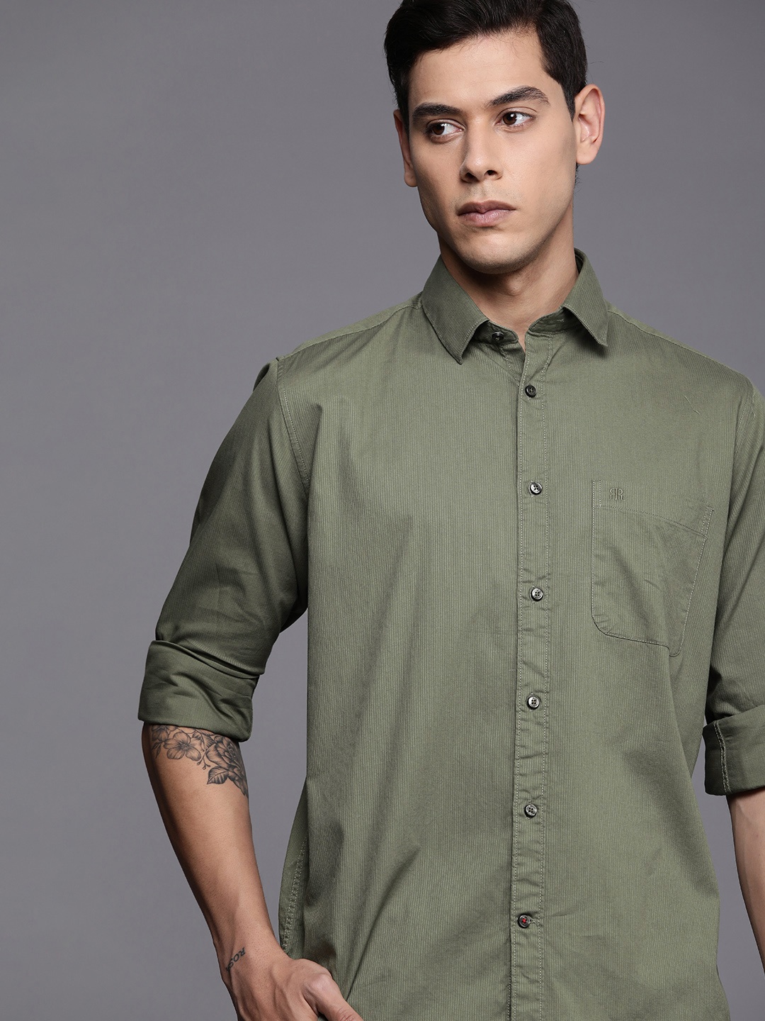

Raymond Men Olive Green Slim Fit Self Design Pinstriped Pure Cotton Casual Shirt