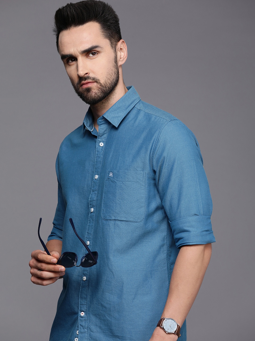 

Raymond Men Blue Solid Pure Cotton Slim Fit Casual Shirt