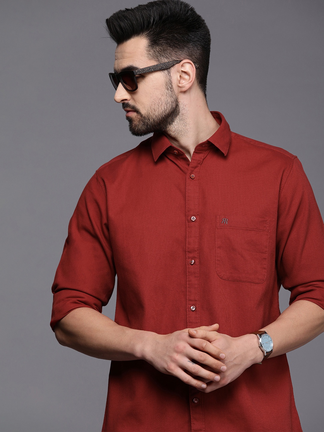 

Raymond Men Red Textured Slim Fit Pure Cotton Casual Shirt