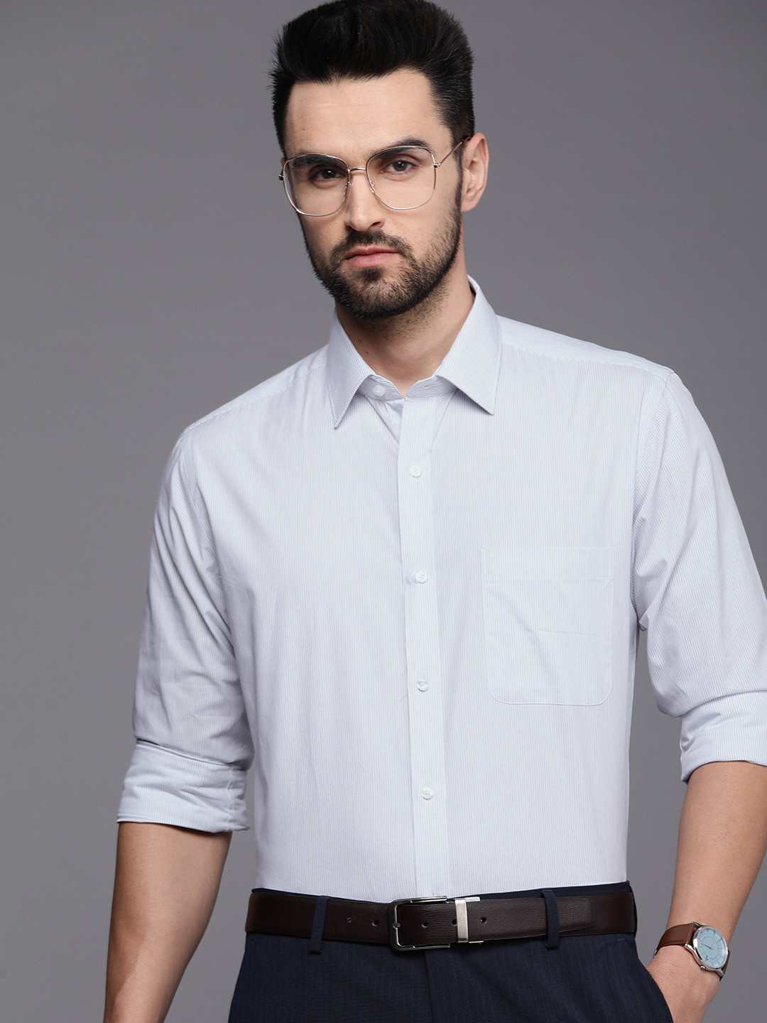 

Raymond Men Blue Striped Pure Cotton Slim Fit Formal Shirt