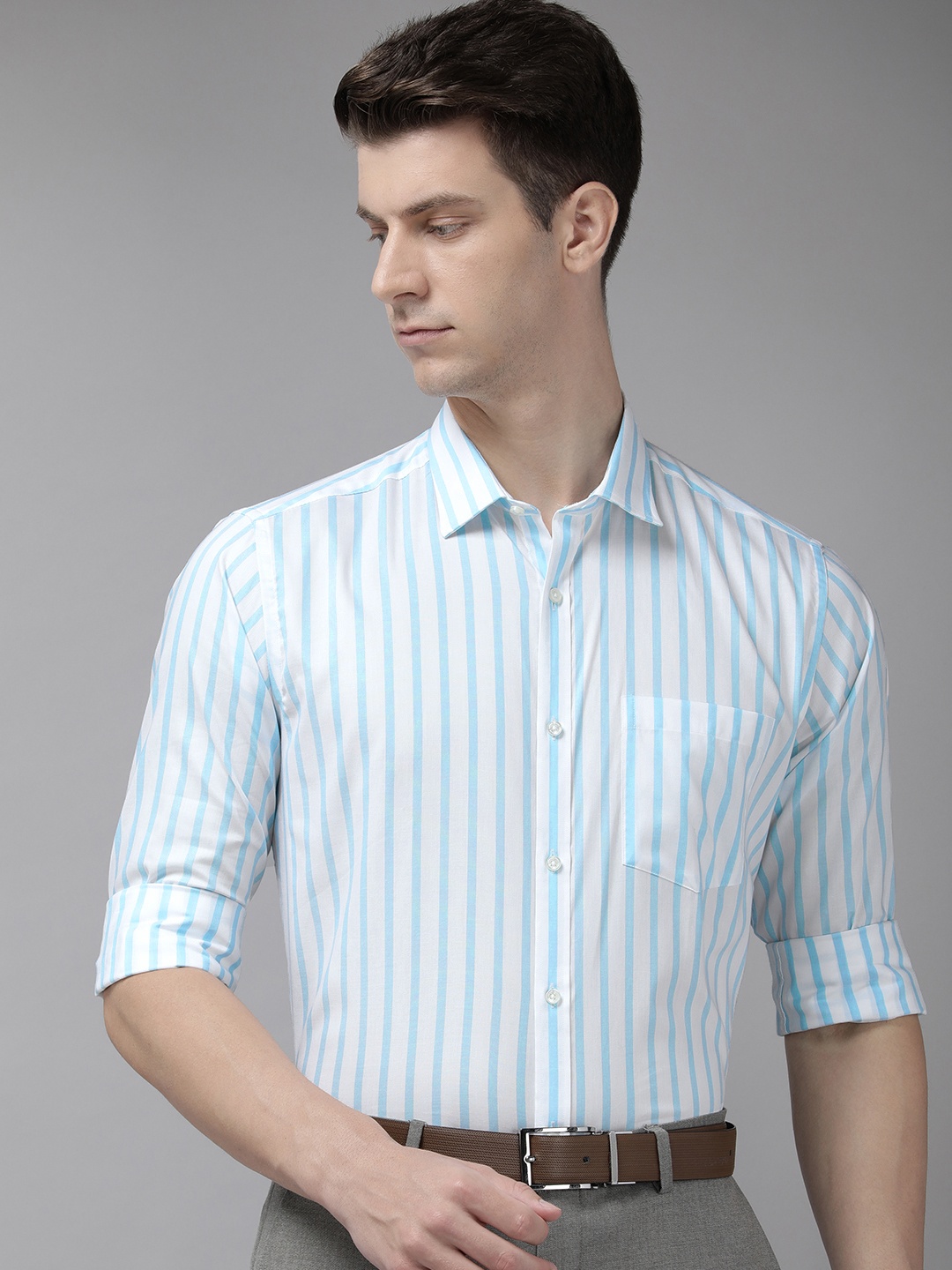 

Park Avenue Pure Cotton Slim Fit Striped Formal Shirt, Blue