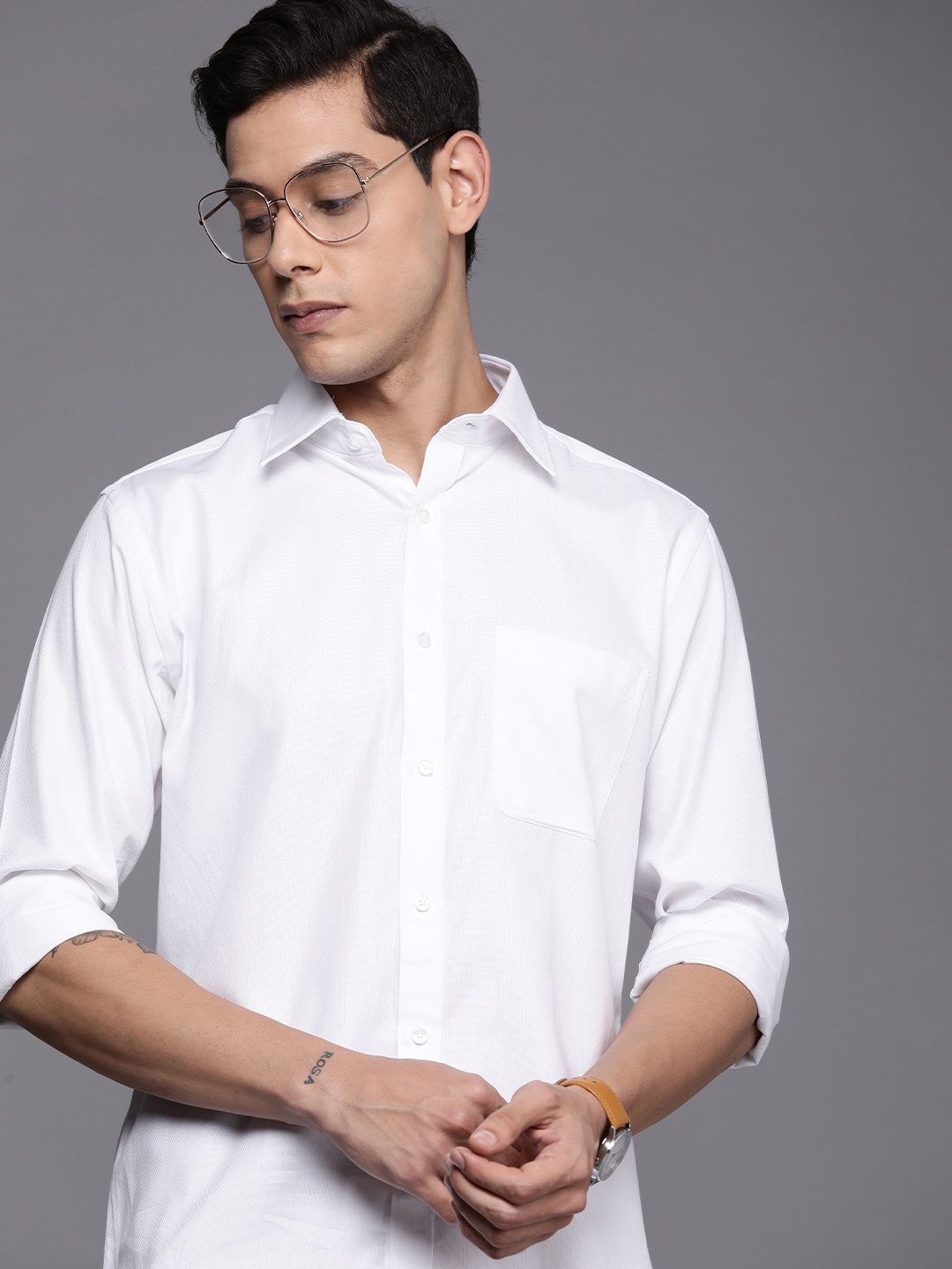 

Raymond Men White Self Design Slim Fit Pure Cotton Casual Shirt