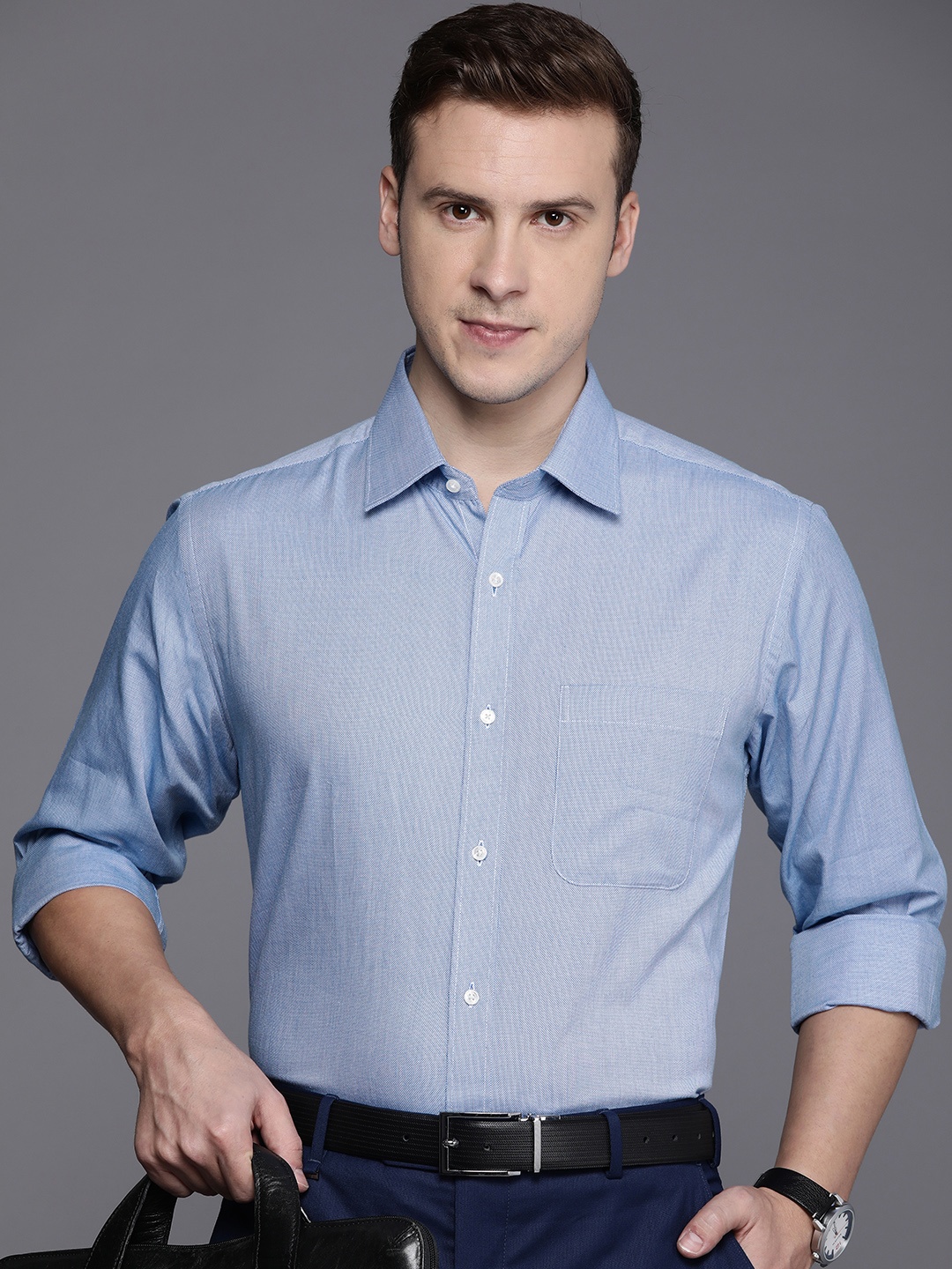 

Raymond Pure Cotton Self Design Textured Slim Fit Formal Shirt, Blue