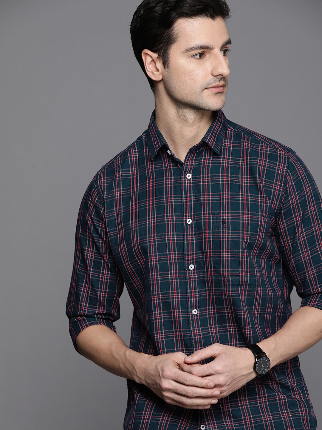 

Raymond Men Navy Blue Slim Fit Tartan Checked Pure Cotton Casual Shirt