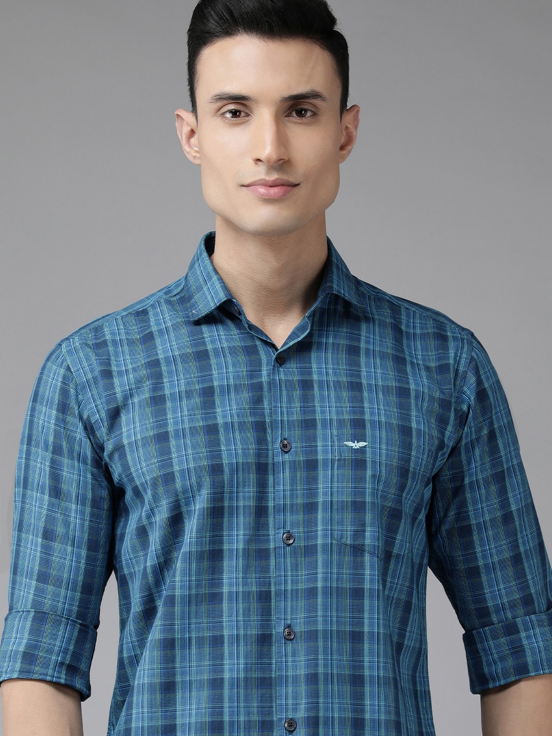

Park Avenue Men Blue Slim Fit Tartan Checked Pure Cotton Casual Shirt