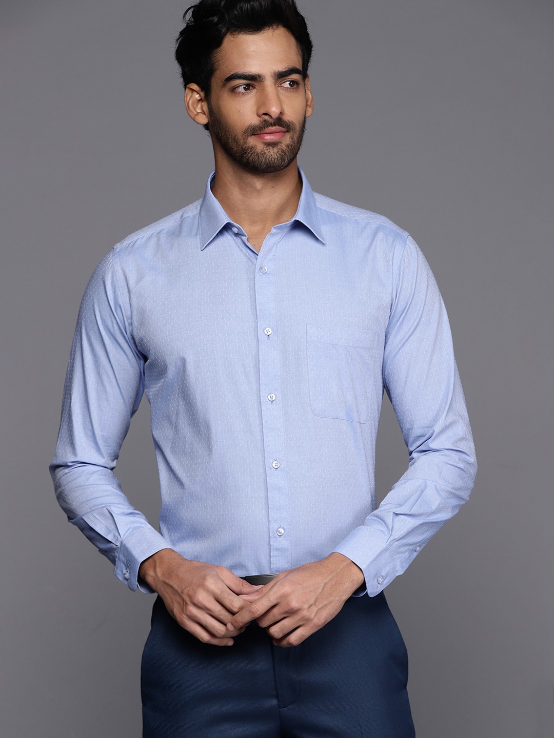 

Raymond Men Blue Pure Cotton Self-Design Slim Fit Formal Shirt