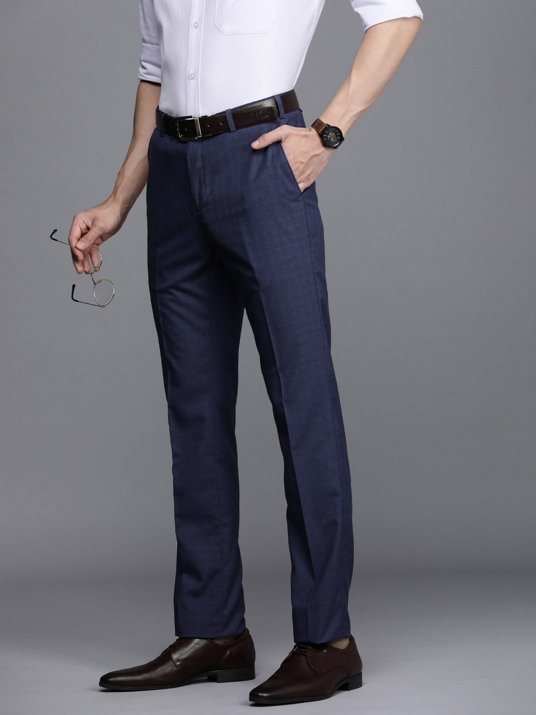 

Raymond Men Mid Rise Checked Slim Fit Pleated Formal Trousers, Blue