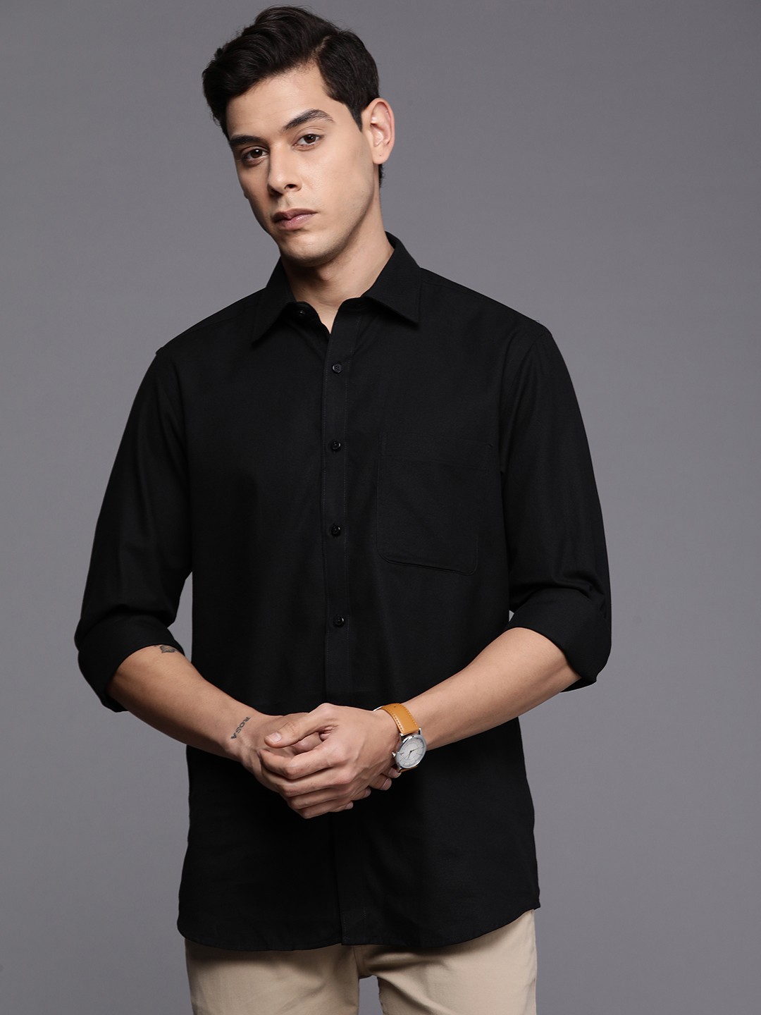 

Raymond Men Black Self Design Slim Fit Pure Cotton Casual Shirt