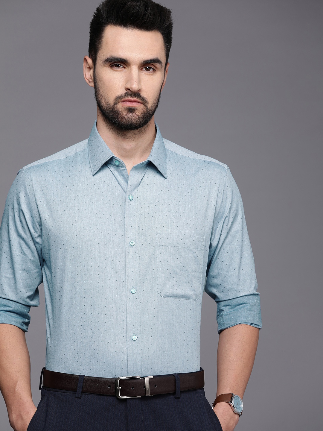 

Raymond Men Blue Printed Slim Fit Pure Cotton Formal Shirt