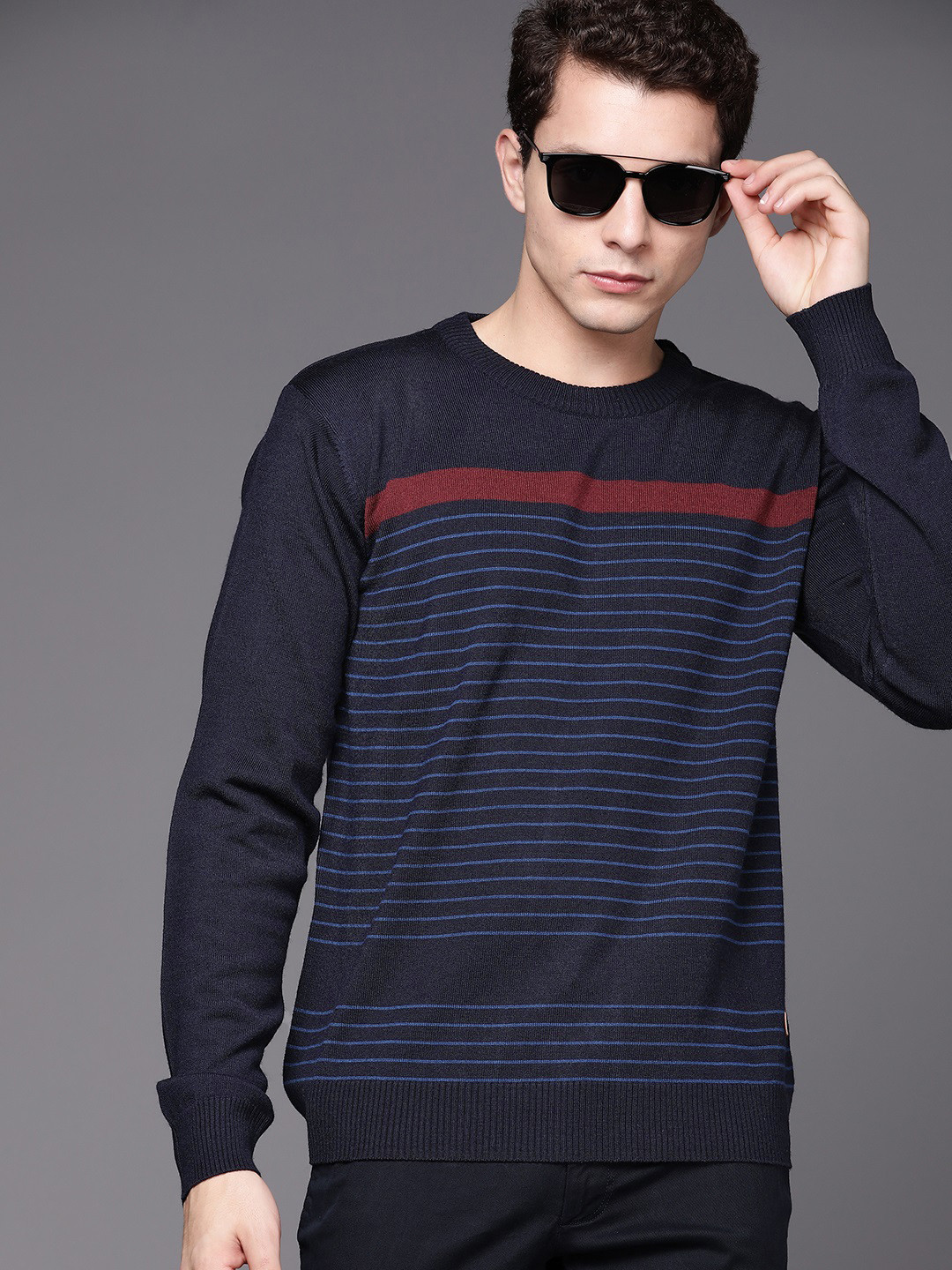 

Raymond Men Navy Blue & Maroon Striped Pullover