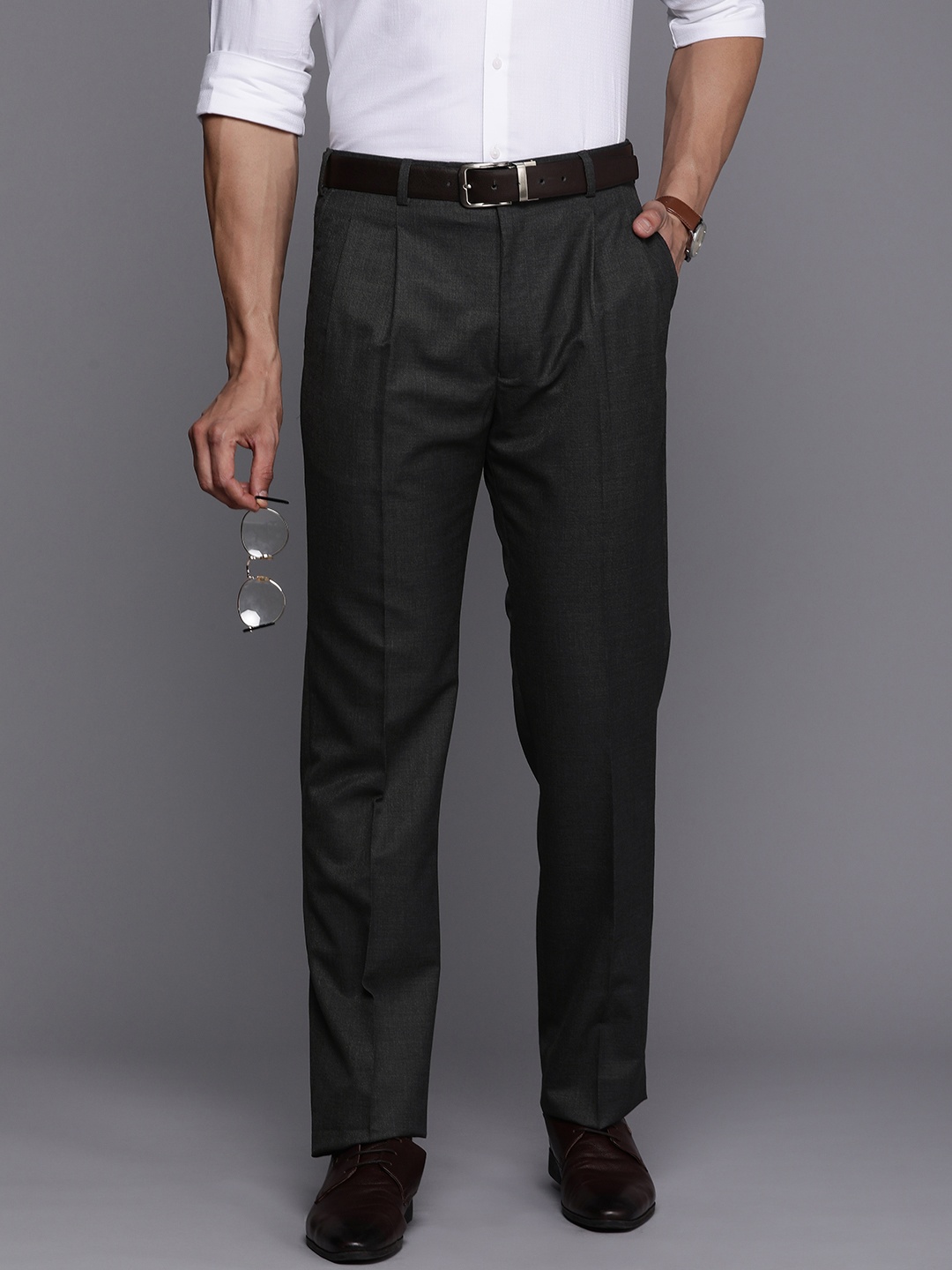 

Raymond Men Solid Classic Fit Pleated Mid-Rise Formal Trousers, Grey