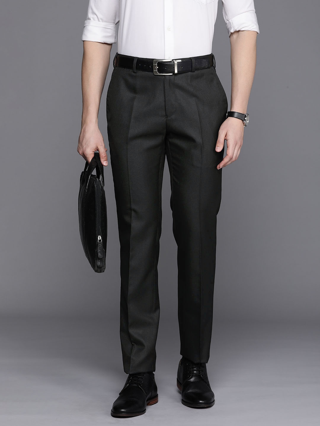 

Raymond Men Checked Slim Fit Formal Trousers, Charcoal