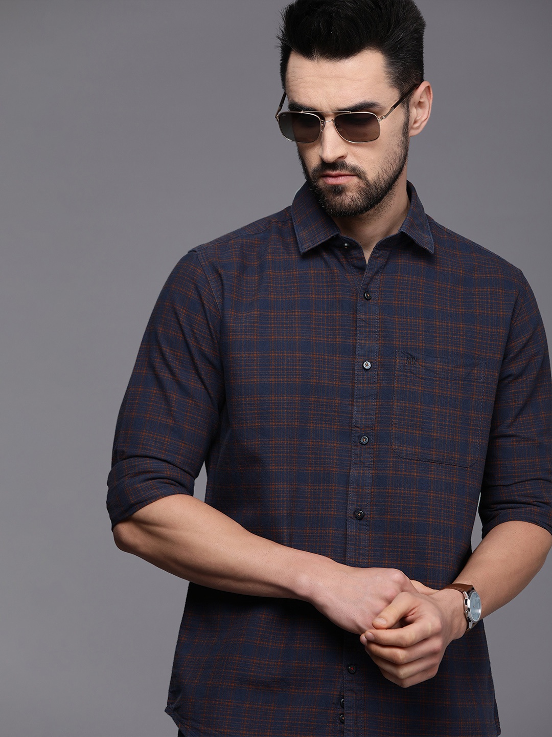 

Raymond Men Navy Blue & Red Slim Fit Checked Pure Cotton Casual Shirt