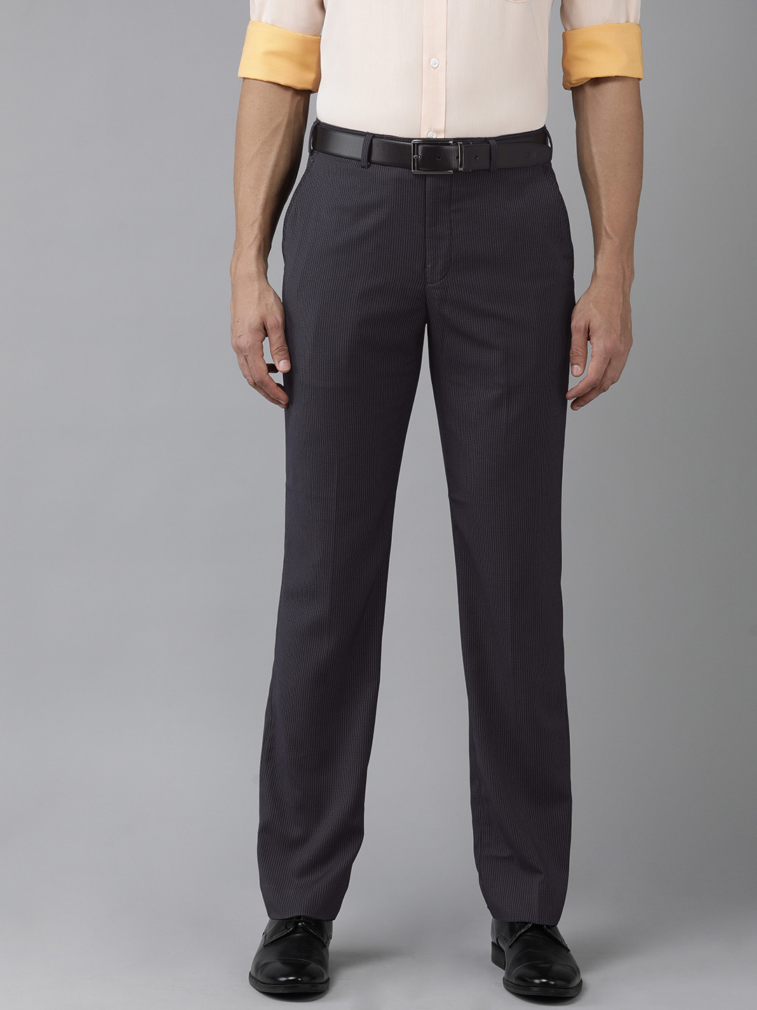 

Park Avenue Men Checked Smart Regular Fit Mid-Rise Plain Woven Flat-Front Formal Trousers, Navy blue